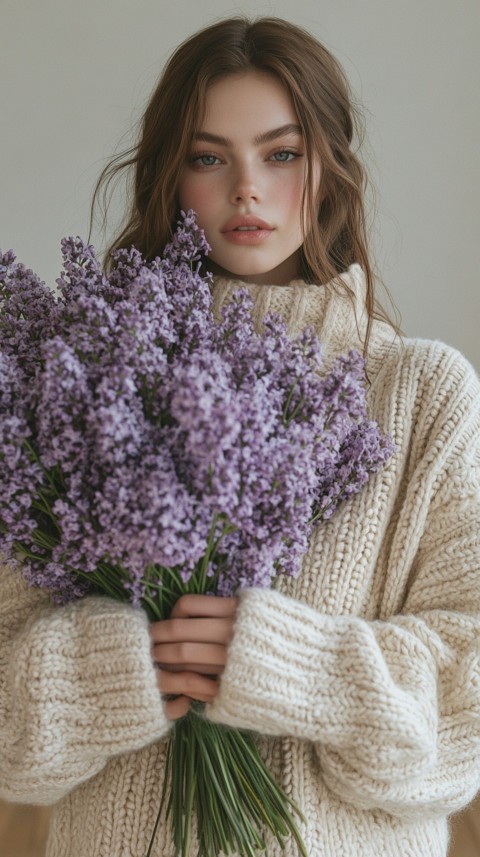 Woman in an Oversized Cream Sweater Holding a Bouquet of Lilac Flowers – Soft Aesthetic (4)