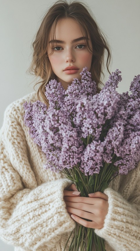 Woman in an Oversized Cream Sweater Holding a Bouquet of Lilac Flowers – Soft Aesthetic (13)