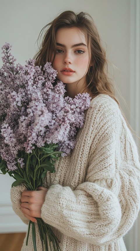 Woman in an Oversized Cream Sweater Holding a Bouquet of Lilac Flowers – Soft Aesthetic (23)