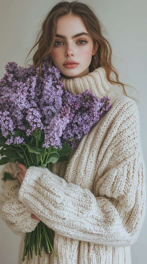 Woman in an Oversized Cream Sweater Holding a Bouquet of Lilac Flowers – Soft Aesthetic (19)