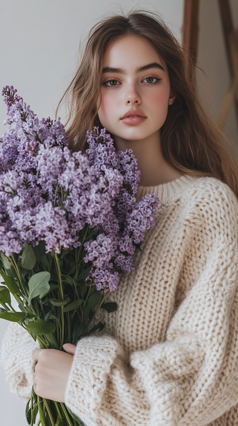 Woman in an Oversized Cream Sweater Holding a Bouquet of Lilac Flowers – Soft Aesthetic (28)