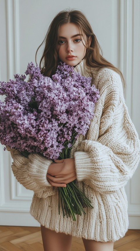 Woman in an Oversized Cream Sweater Holding a Bouquet of Lilac Flowers – Soft Aesthetic (6)