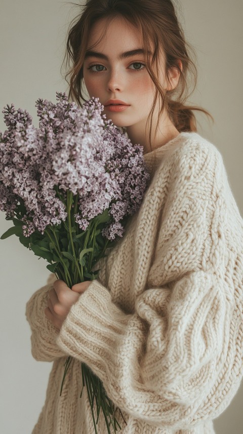 Woman in an Oversized Cream Sweater Holding a Bouquet of Lilac Flowers – Soft Aesthetic (20)