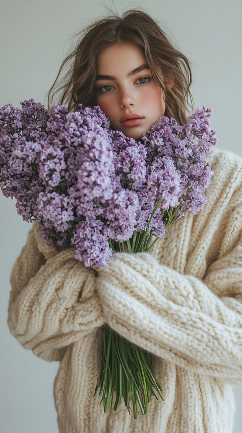 Woman in an Oversized Cream Sweater Holding a Bouquet of Lilac Flowers – Soft Aesthetic (18)