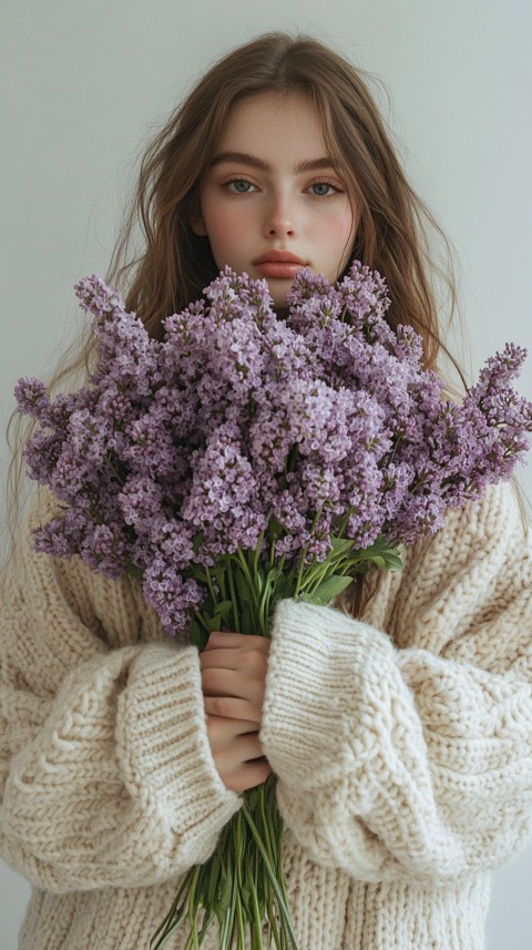 Woman in an Oversized Cream Sweater Holding a Bouquet of Lilac Flowers – Soft Aesthetic (7)