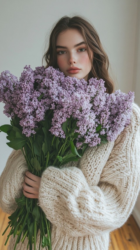 Woman in an Oversized Cream Sweater Holding a Bouquet of Lilac Flowers – Soft Aesthetic (42)