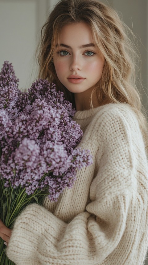 Woman in an Oversized Cream Sweater Holding a Bouquet of Lilac Flowers – Soft Aesthetic (33)