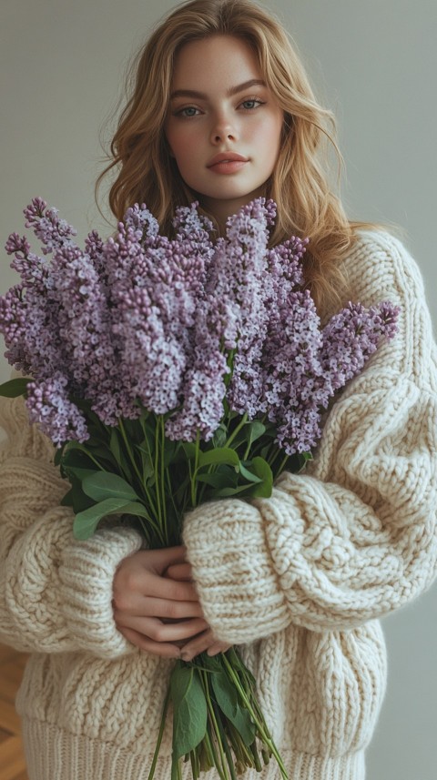 Woman in an Oversized Cream Sweater Holding a Bouquet of Lilac Flowers – Soft Aesthetic (31)