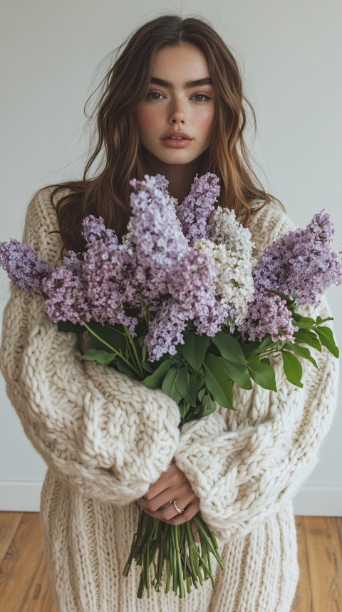 Woman in an Oversized Cream Sweater Holding a Bouquet of Lilac Flowers – Soft Aesthetic (45)