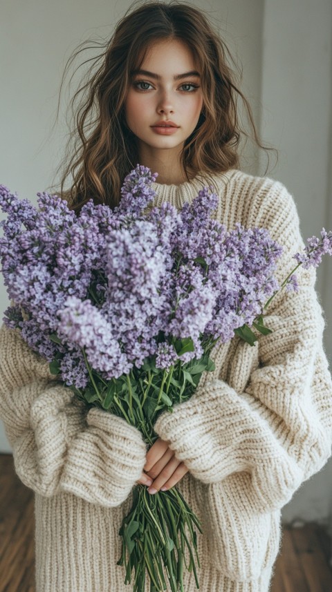 Woman in an Oversized Cream Sweater Holding a Bouquet of Lilac Flowers – Soft Aesthetic (37)