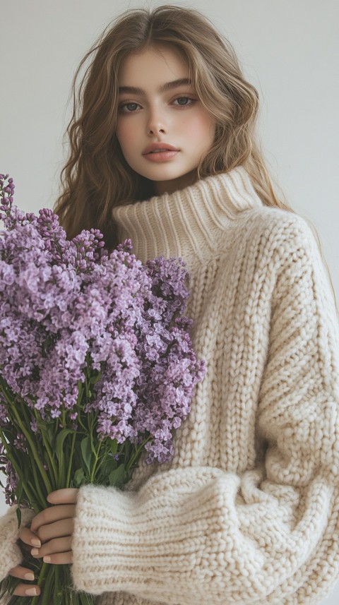 Woman in an Oversized Cream Sweater Holding a Bouquet of Lilac Flowers – Soft Aesthetic (44)