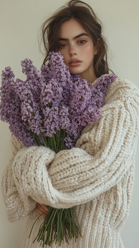 Woman in an Oversized Cream Sweater Holding a Bouquet of Lilac Flowers – Soft Aesthetic (38)