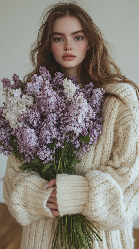 Woman in an Oversized Cream Sweater Holding a Bouquet of Lilac Flowers – Soft Aesthetic (47)