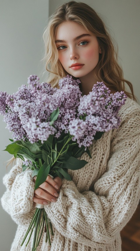 Woman in an Oversized Cream Sweater Holding a Bouquet of Lilac Flowers – Soft Aesthetic (41)