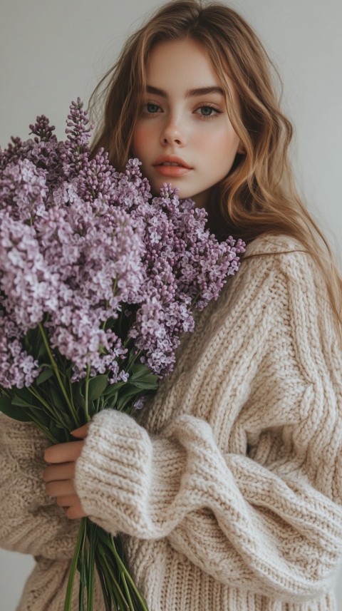 Woman in an Oversized Cream Sweater Holding a Bouquet of Lilac Flowers – Soft Aesthetic (36)