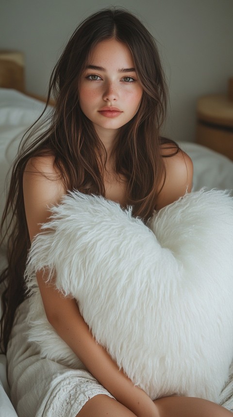 Woman in Pajamas Hugging a Fluffy Pillow on a Bed Minimalist Aesthetic (28)