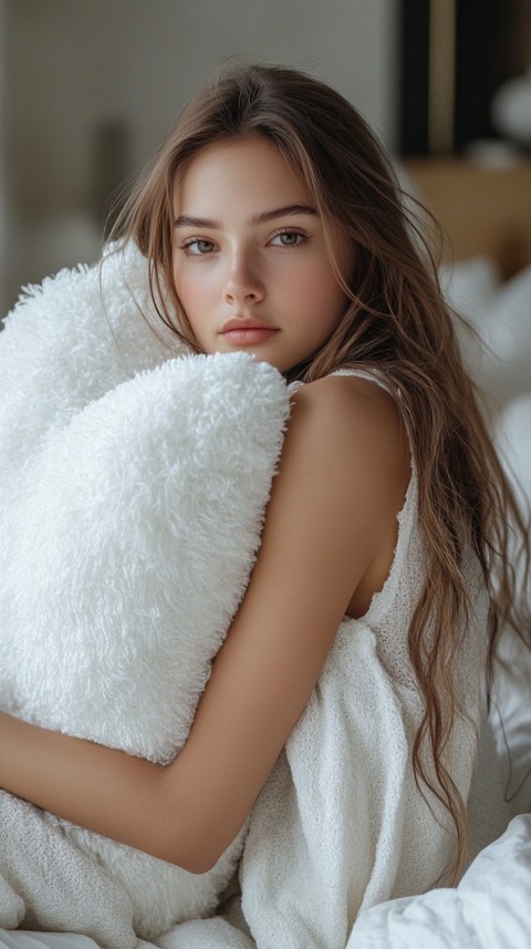 Woman in Pajamas Hugging a Fluffy Pillow on a Bed Minimalist Aesthetic (2)