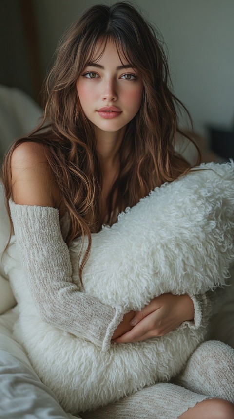 Woman in Pajamas Hugging a Fluffy Pillow on a Bed Minimalist Aesthetic (19)