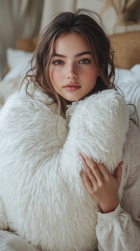 Woman in Pajamas Hugging a Fluffy Pillow on a Bed Minimalist Aesthetic (68)