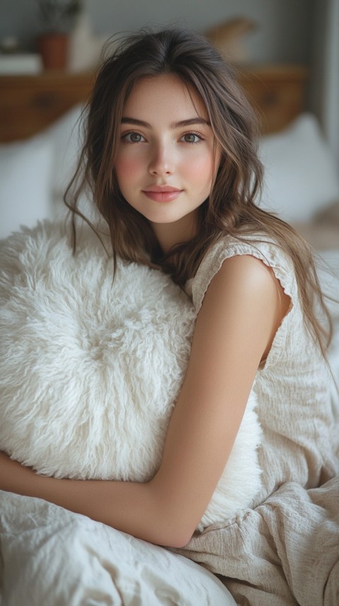 Woman in Pajamas Hugging a Fluffy Pillow on a Bed Minimalist Aesthetic (49)