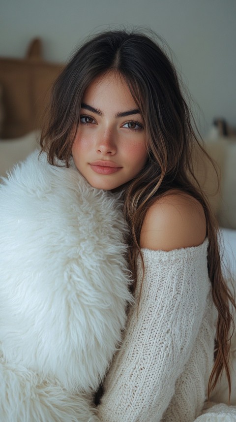 Woman in Pajamas Hugging a Fluffy Pillow on a Bed Minimalist Aesthetic (70)