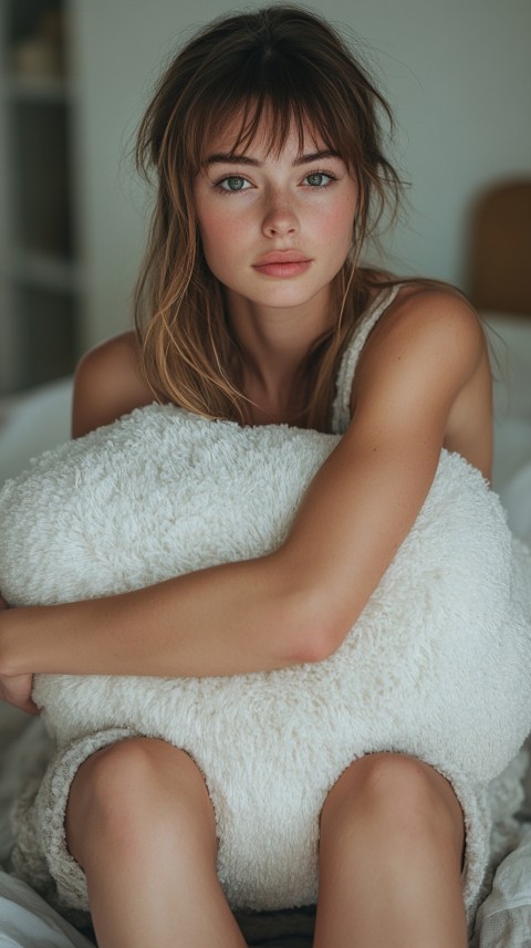 Woman in Pajamas Hugging a Fluffy Pillow on a Bed Minimalist Aesthetic (93)