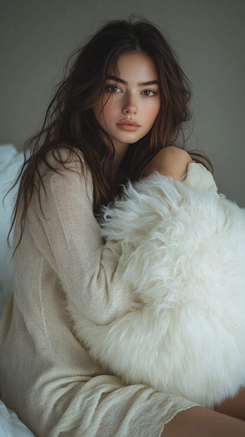 Woman in Pajamas Hugging a Fluffy Pillow on a Bed Minimalist Aesthetic (81)