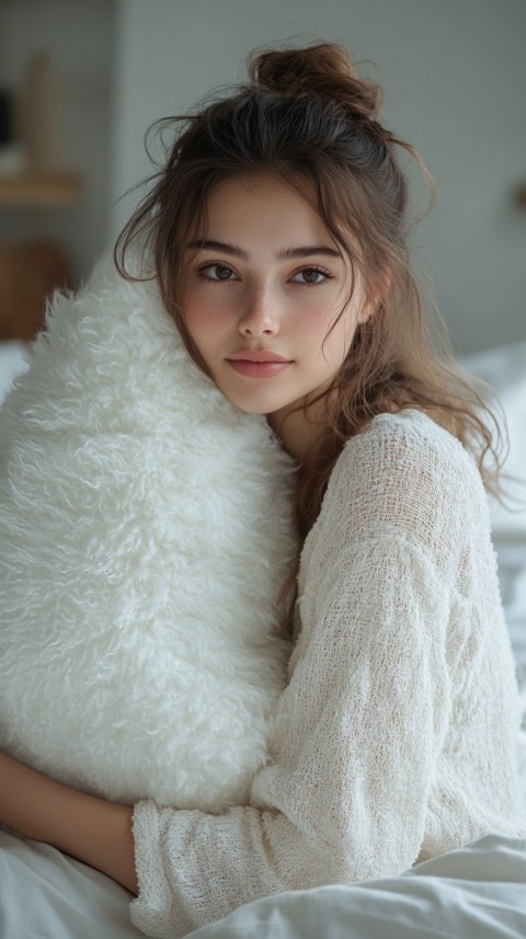 Woman in Pajamas Hugging a Fluffy Pillow on a Bed Minimalist Aesthetic (105)