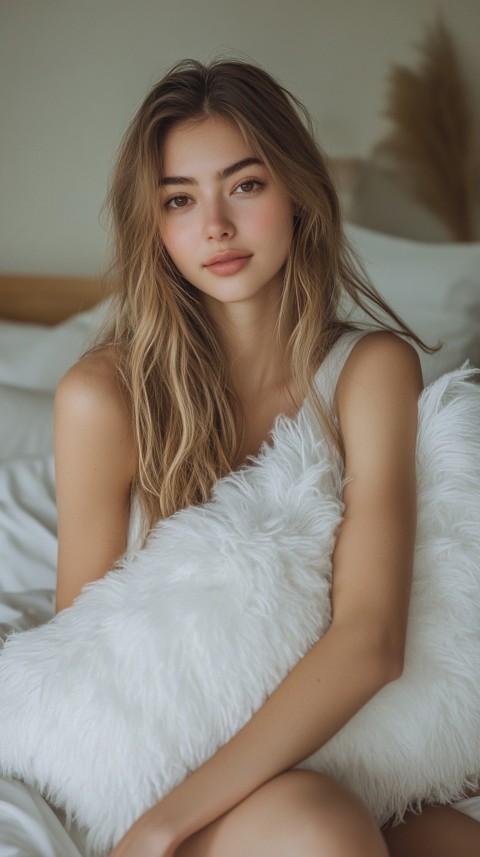 Woman in Pajamas Hugging a Fluffy Pillow on a Bed Minimalist Aesthetic (99)