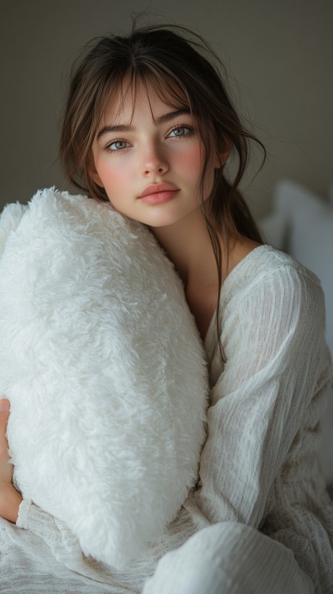 Woman in Pajamas Hugging a Fluffy Pillow on a Bed Minimalist Aesthetic (97)