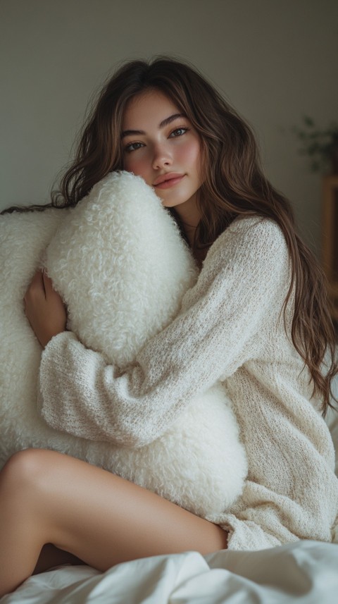 Woman in Pajamas Hugging a Fluffy Pillow on a Bed Minimalist Aesthetic (92)