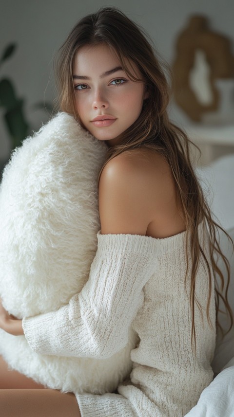 Woman in Pajamas Hugging a Fluffy Pillow on a Bed Minimalist Aesthetic (80)