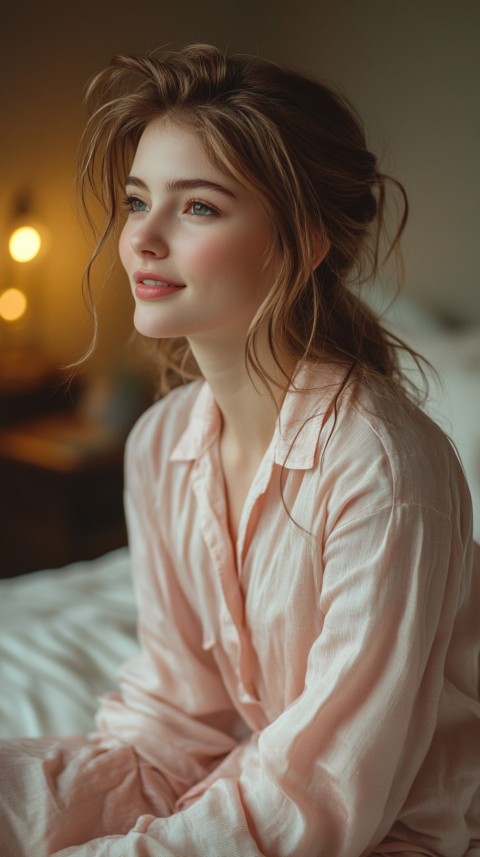 Woman in Pink Pajamas Sitting Happily on a White Bed – Cozy Bedroom Aesthetic (57)