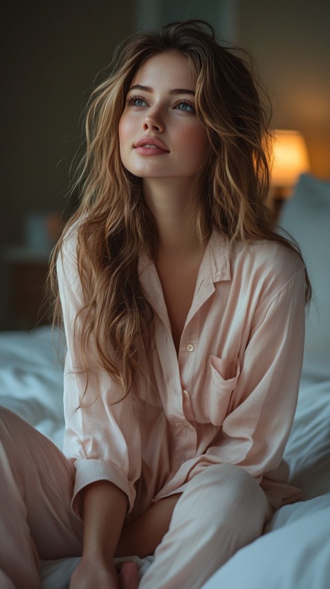 Woman in Pink Pajamas Sitting Happily on a White Bed – Cozy Bedroom Aesthetic (60)