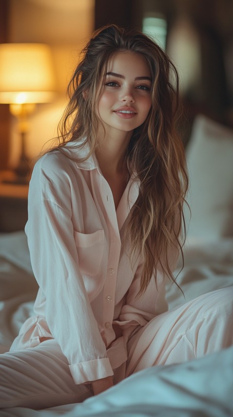 Woman in Pink Pajamas Sitting Happily on a White Bed – Cozy Bedroom Aesthetic (88)