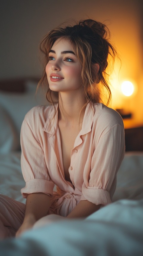 Woman in Pink Pajamas Sitting Happily on a White Bed – Cozy Bedroom Aesthetic (110)