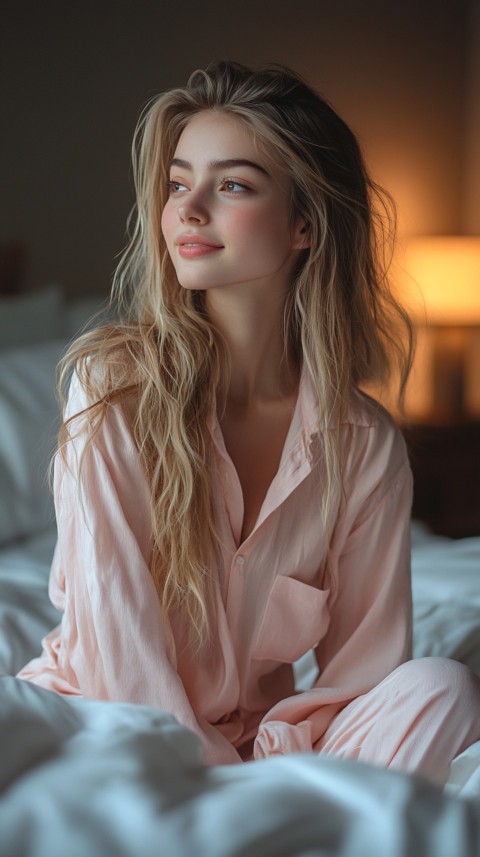 Woman in Pink Pajamas Sitting Happily on a White Bed – Cozy Bedroom Aesthetic (84)