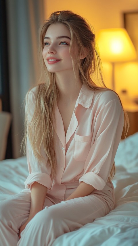 Woman in Pink Pajamas Sitting Happily on a White Bed – Cozy Bedroom Aesthetic (103)