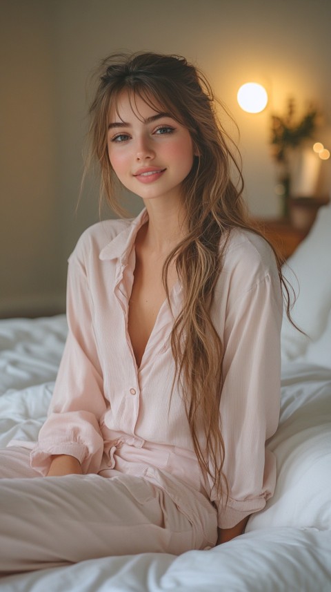 Woman in Pink Pajamas Sitting Happily on a White Bed – Cozy Bedroom Aesthetic (87)