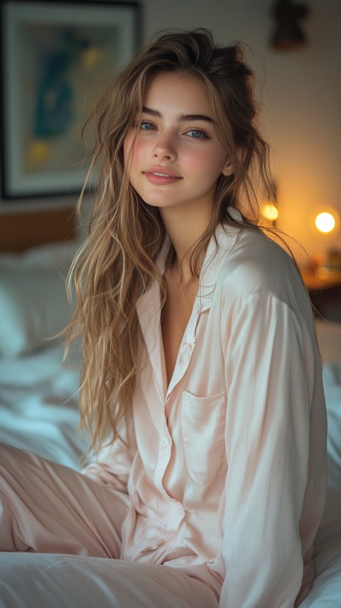 Woman in Pink Pajamas Sitting Happily on a White Bed – Cozy Bedroom Aesthetic (77)