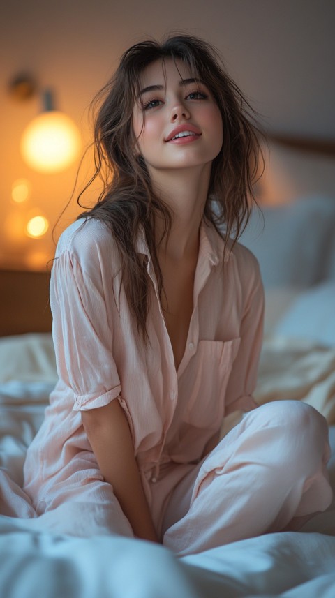 Woman in Pink Pajamas Sitting Happily on a White Bed – Cozy Bedroom Aesthetic (116)