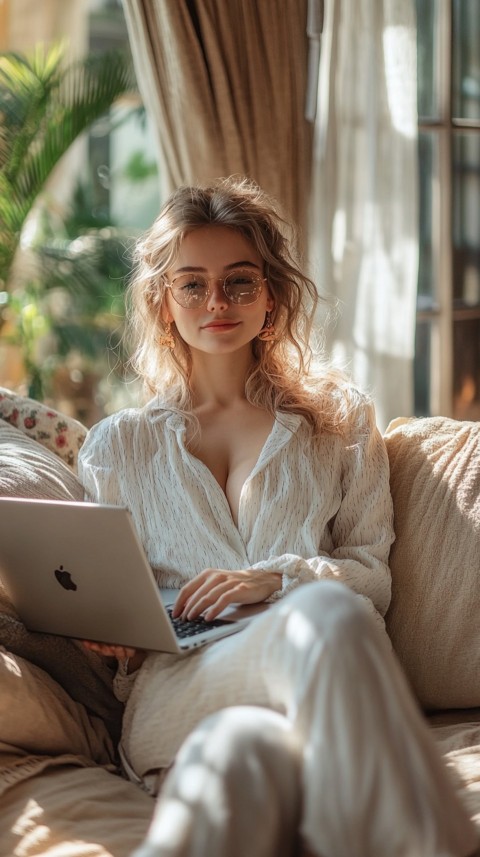 Woman Sitting on a Couch with a Laptop in Her Lap – Feminine Blogger Aesthetic (329)