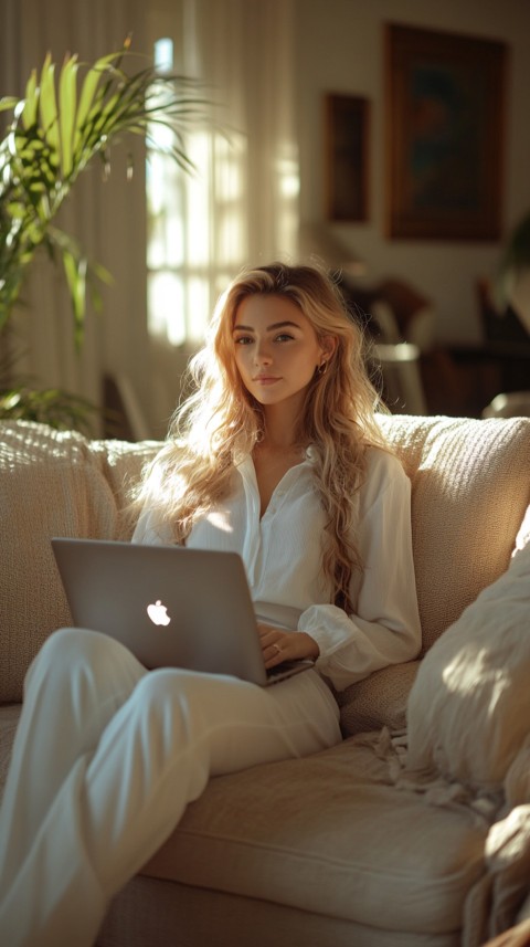 Woman Sitting on a Couch with a Laptop in Her Lap – Feminine Blogger Aesthetic (395)