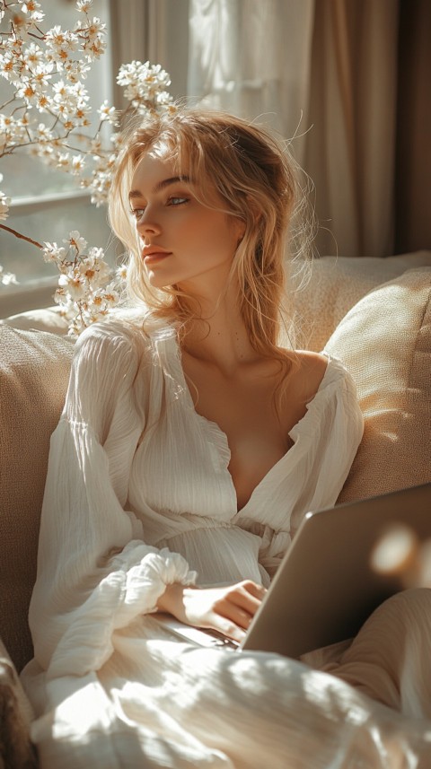 Woman Sitting on a Couch with a Laptop in Her Lap – Feminine Blogger Aesthetic (351)