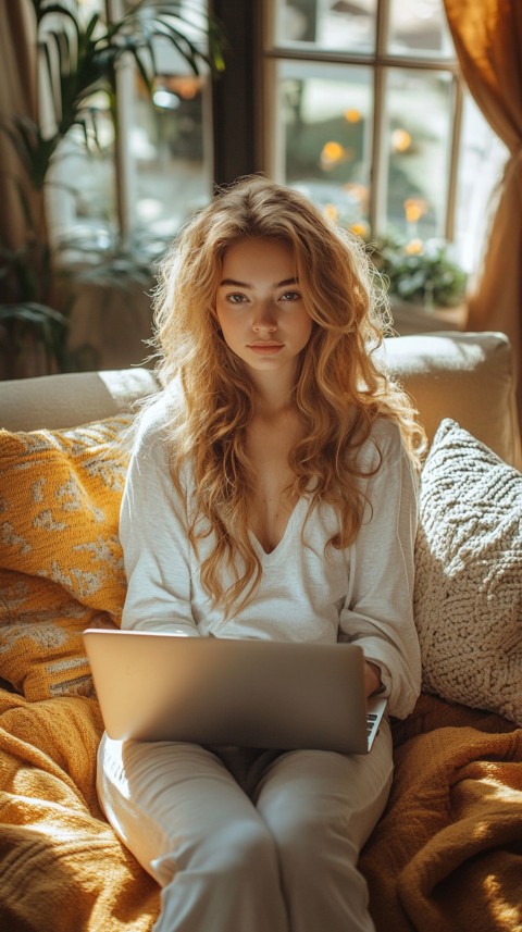 Woman Sitting on a Couch with a Laptop in Her Lap – Feminine Blogger Aesthetic (360)