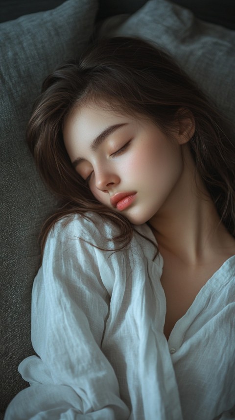 High Angle of a Woman Sleeping on a Couch in an Oversized White Shirt – Relaxed Aesthetic (14)