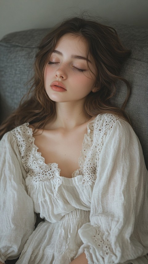 High Angle of a Woman Sleeping on a Couch in an Oversized White Shirt – Relaxed Aesthetic (4)