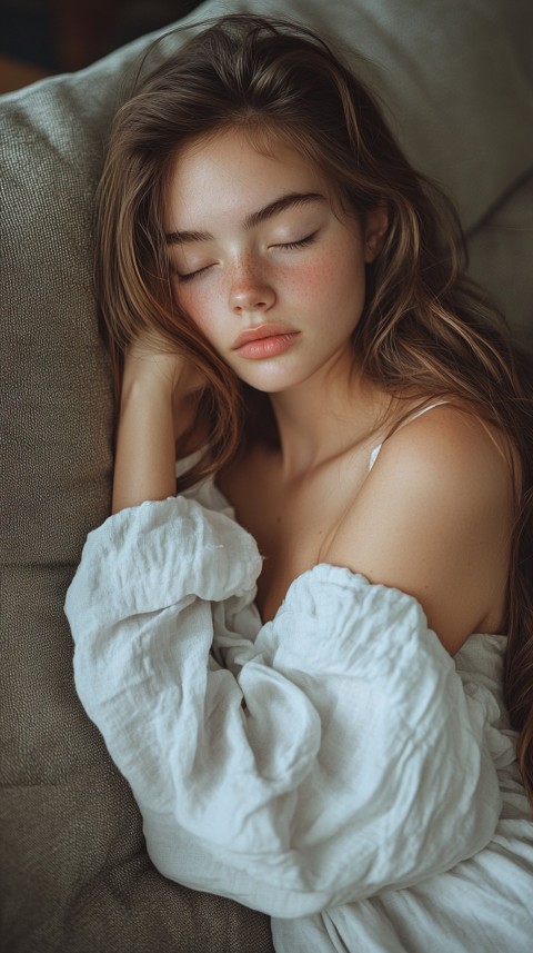 High Angle of a Woman Sleeping on a Couch in an Oversized White Shirt – Relaxed Aesthetic (28)