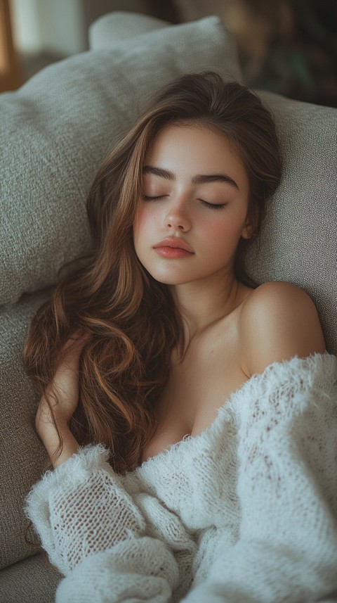 High Angle of a Woman Sleeping on a Couch in an Oversized White Shirt – Relaxed Aesthetic (29)