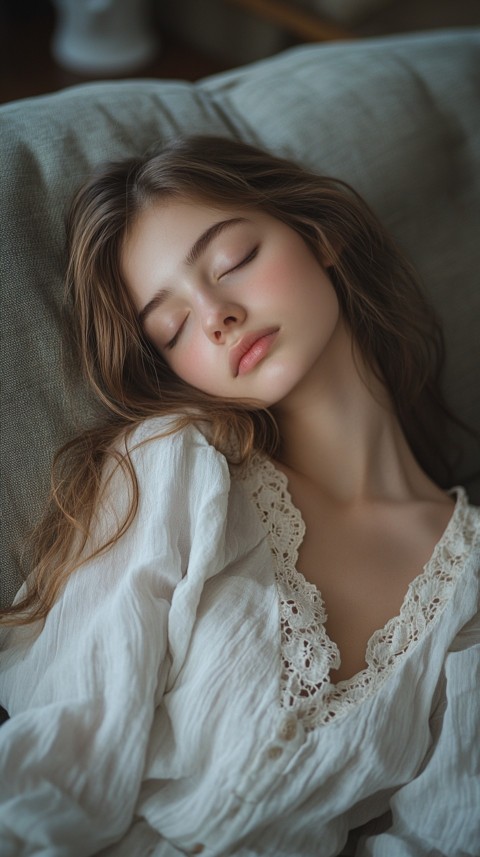 High Angle of a Woman Sleeping on a Couch in an Oversized White Shirt – Relaxed Aesthetic (19)